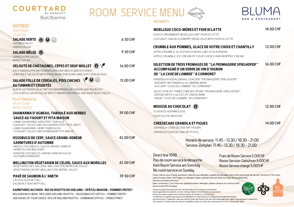 Room Service Menu (in Room) Hotel Courtyard By Marriott Biel Bienne Bluma Bar & Restaurant Zimmerservice-Menü (im Zimmer) Menu du room service (dans la chambre)